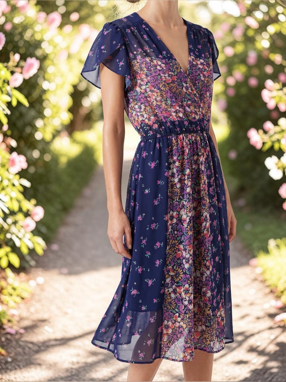 Vintage 1970’s Navy Blue Pink Floral A-Line Sheer Everyday Midi Dress M/L